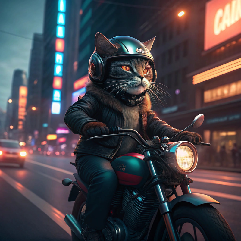Cat Riding a Motorbike in Movie Style Cat Riding a Motorbike in Movie Style