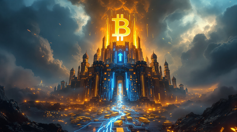 Futuristic Bitcoin Fortress in a Financial Storm Futuristic Bitcoin Fortress in a Financial Storm