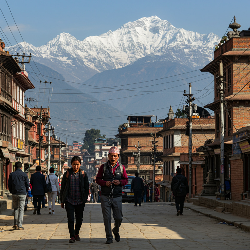 Vibrant Nepali Street Scene with Himalayas