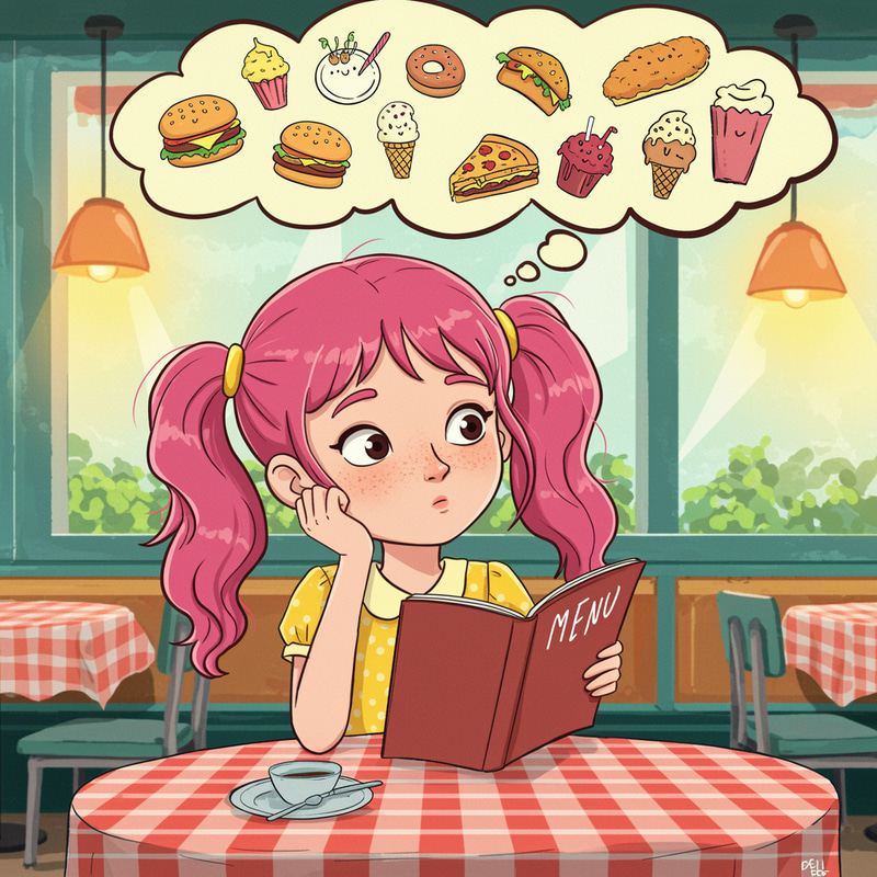 Cartoon Girl Choosing Restaurant Order Cartoon Girl Choosing Restaurant Order