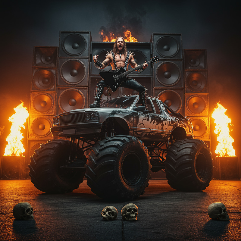 Epic Monster Truck with Hair Metal Guitarist Epic Monster Truck with Hair Metal Guitarist
