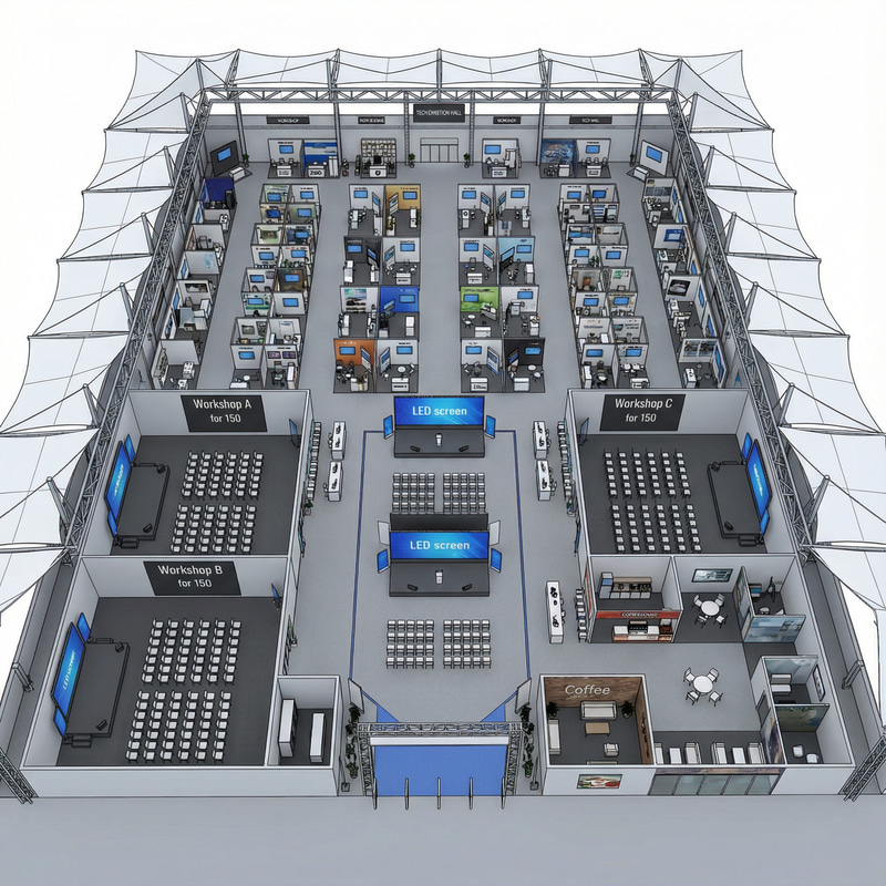 Tech Exhibition Hall Design with Workshops and Stalls