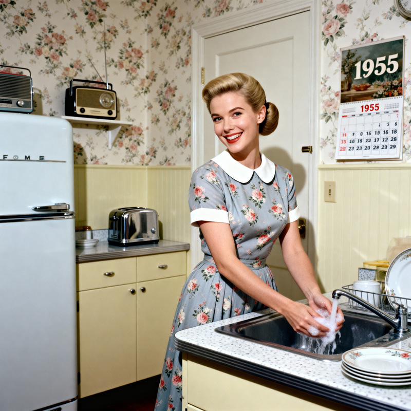 Charming 1950s Housewife in a Classic Kitchen Charming 1950s Housewife in a Classic Kitchen