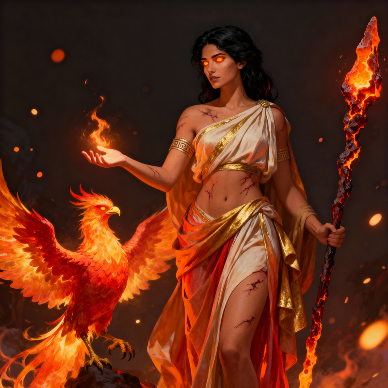 Greek Fire Goddess with Phoenix and Lava Spear Greek Fire Goddess with Phoenix and Lava Spear
