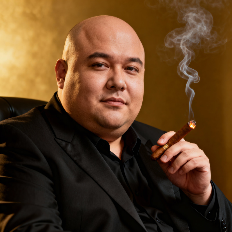 Fat Bald Man in Suit Smoking Cigar
