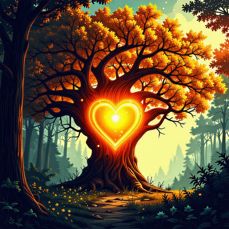 Giant Heartwood Tree with Glowing Heart - Fantasy Realm Scene Giant Heartwood Tree with Glowing Heart - Fantasy Realm Scene