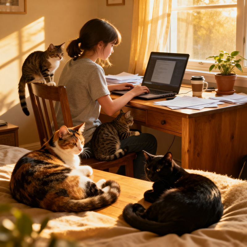 Girl Working Hard at Computer with Cats