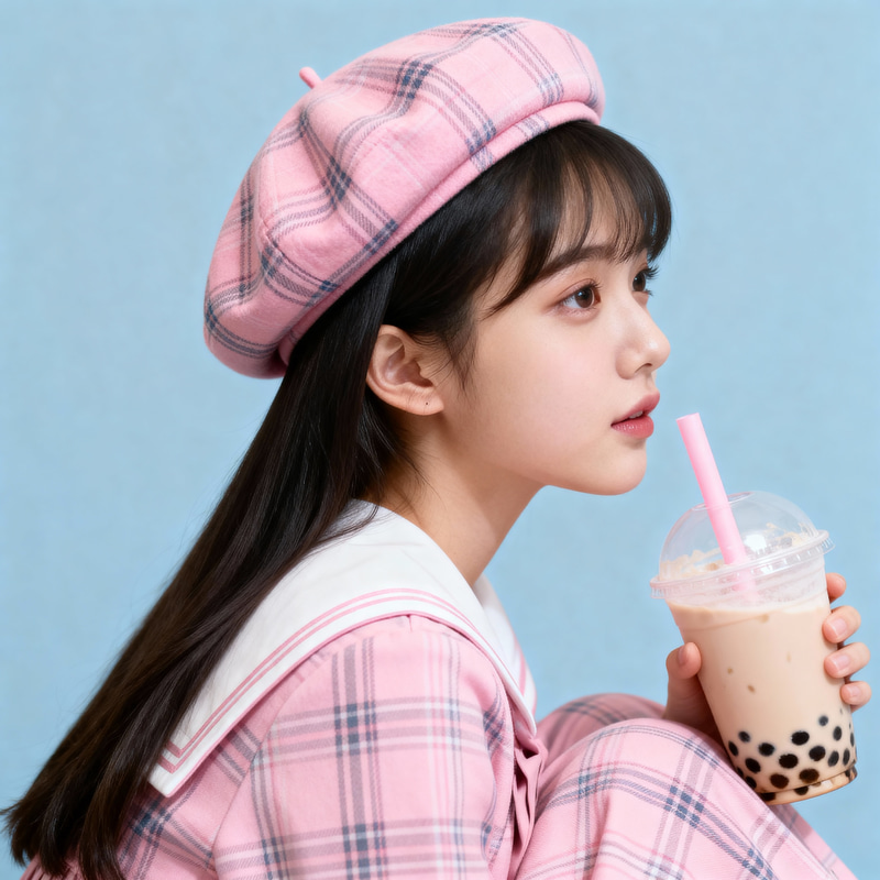 Pastel Pink Girl in Plaid Outfit with Boba Pastel Pink Girl in Plaid Outfit with Boba