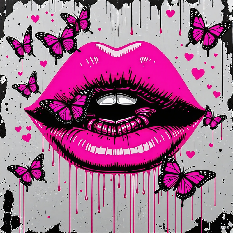Vibrant Pink Lips Mural with Butterflies in Line Art Style Vibrant Pink Lips Mural with Butterflies in Line Art Style