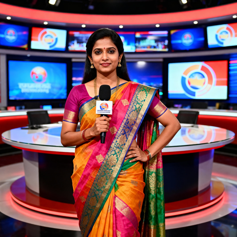 Professional Indian News Anchor in Traditional Attire Professional Indian News Anchor in Traditional Attire