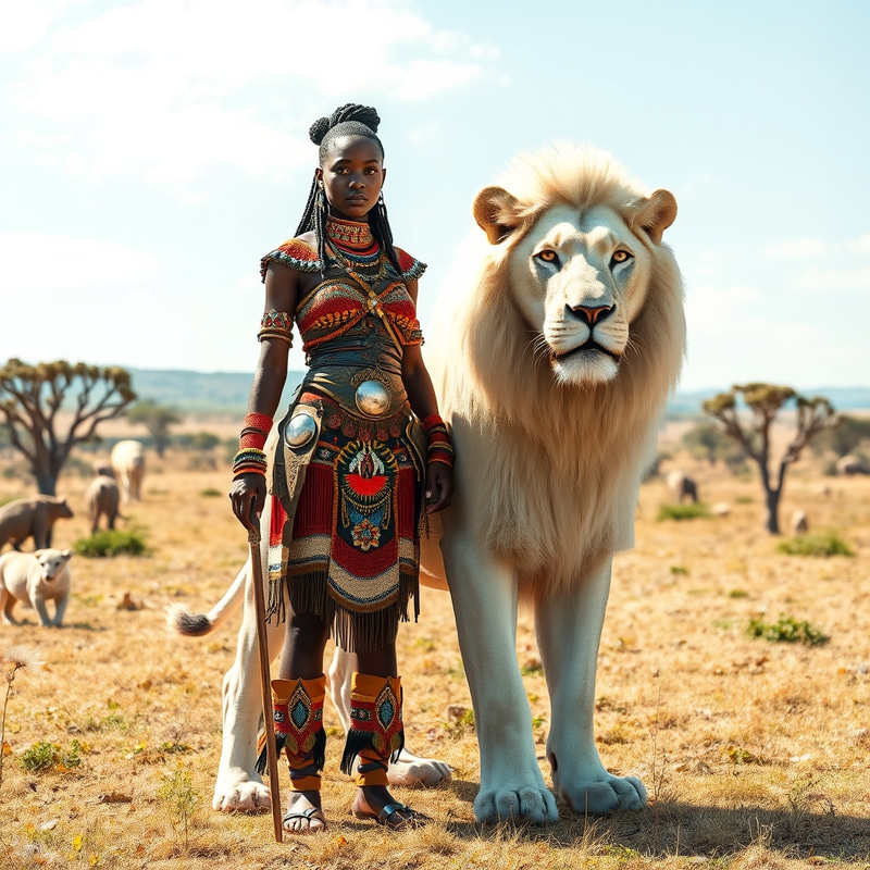 Proud African Warrior with White Lion in Savanna Proud African Warrior with White Lion in Savanna