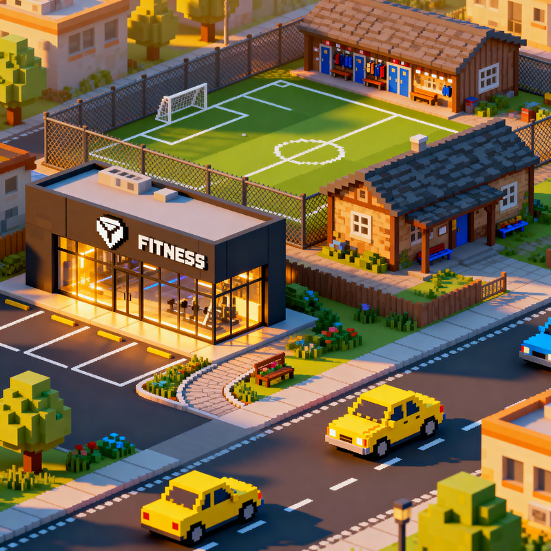 Vibrant Pixel Art Urban Scene | Fitness & Football Vibrant Pixel Art Urban Scene | Fitness & Football