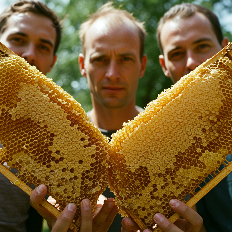 Three Men Holding Honeycomb Three Men Holding Honeycomb