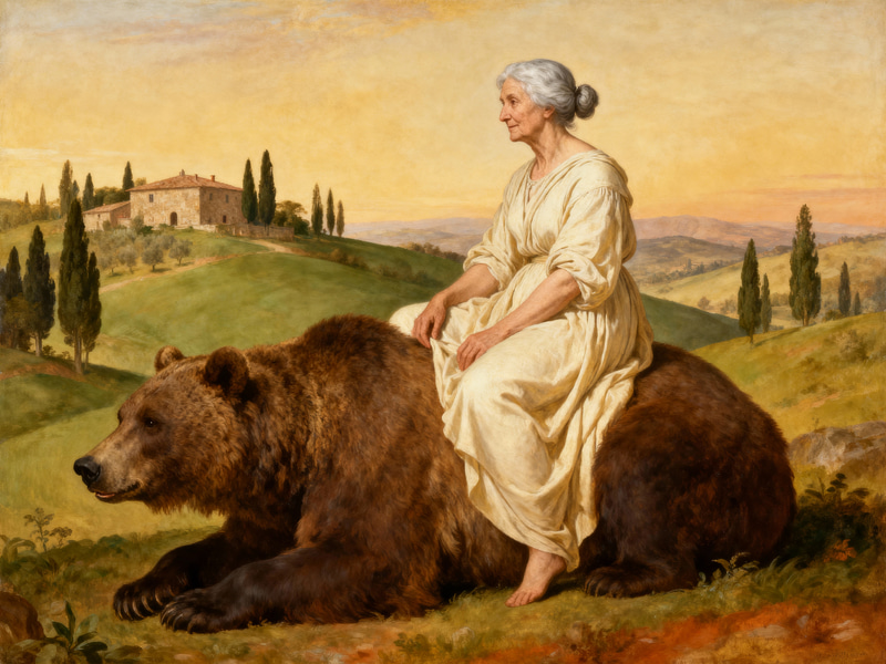 Raphael-Style Oil Painting: Woman on Grizzly Bear Raphael-Style Oil Painting: Woman on Grizzly Bear