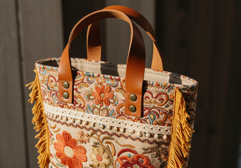 Chic Boho Wine Tote Bag with Leather Handles Chic Boho Wine Tote Bag with Leather Handles