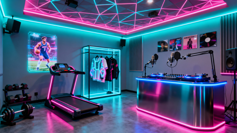 Cyberpunk Podcast Studio: Sports, Fashion & Music Blend