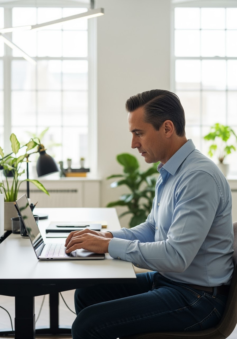 Man Typing on Laptop in Office Environment Man Typing on Laptop in Office Environment