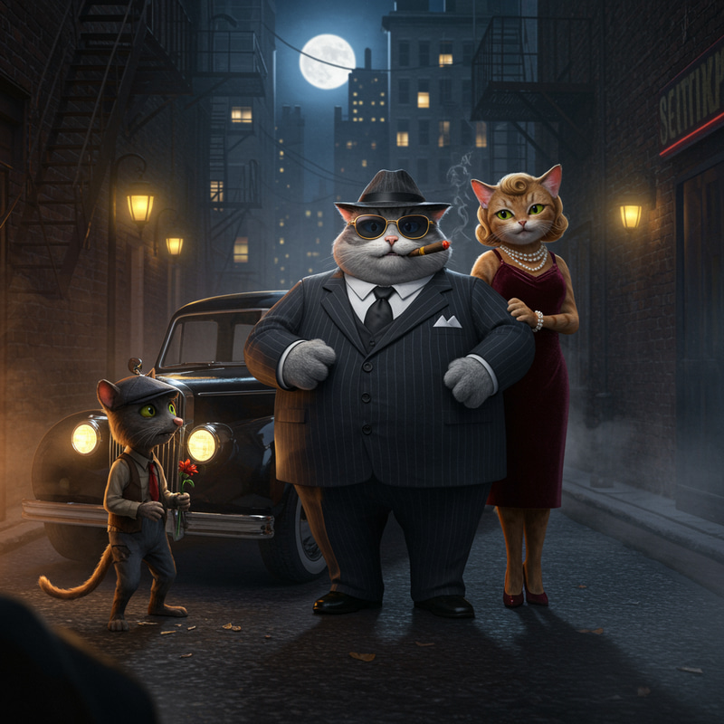 Noir Feline Gangsters: A Smoky Alleyway Encounter Noir Feline Gangsters: A Smoky Alleyway Encounter