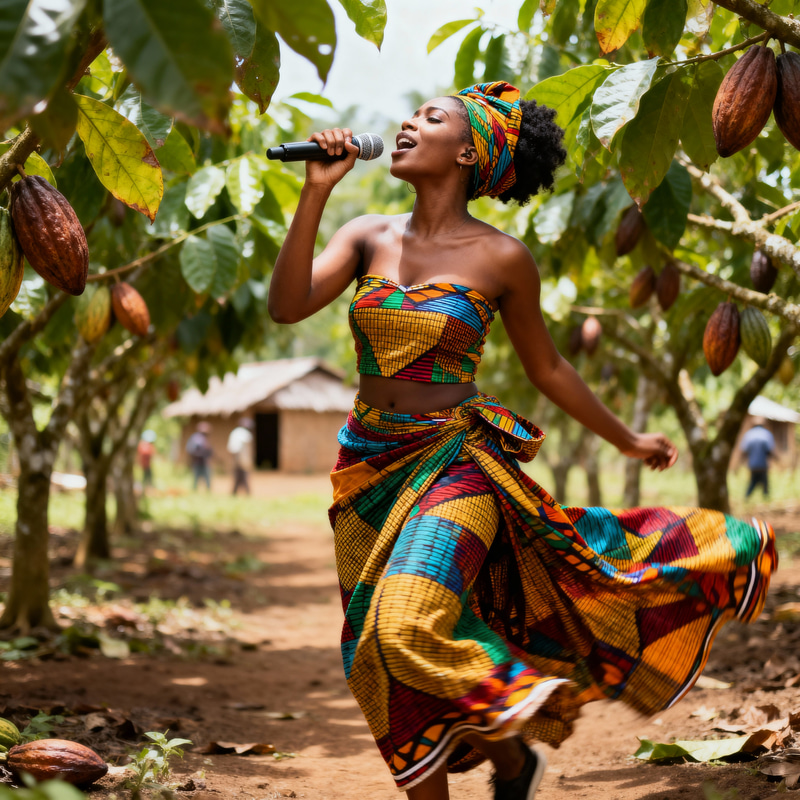 Woman in African Attire Singing on Cocoa Farm Woman in African Attire Singing on Cocoa Farm