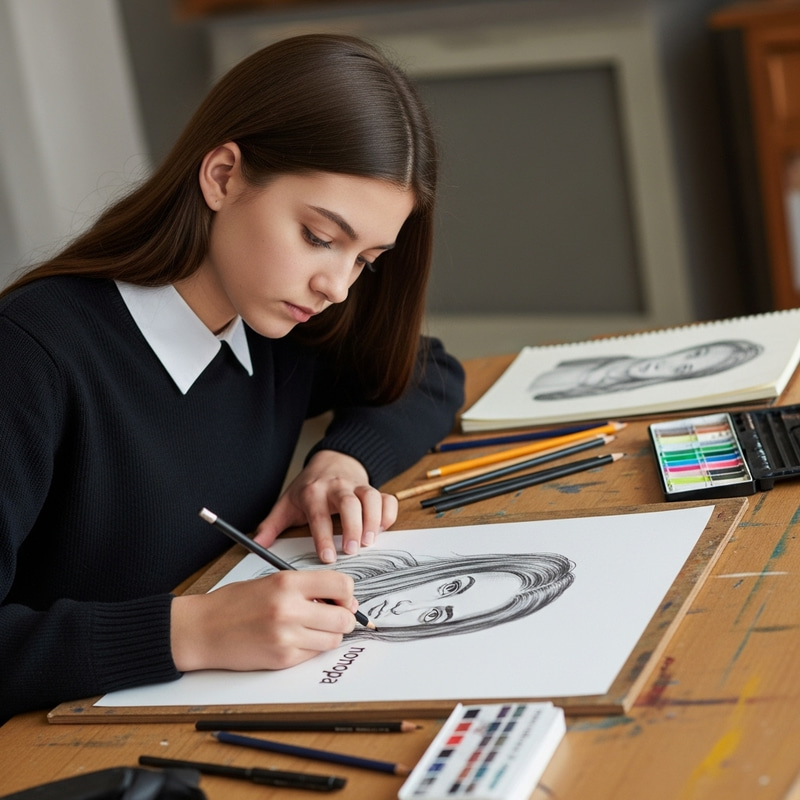 Teen Girl Drawing with Focused Expression | nomopa Signature Artwork