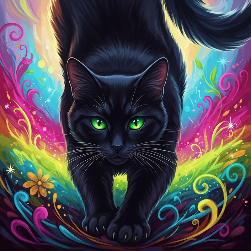 Captivating Majestic Black Cat with Green Eyes in Vibrant Digital Art