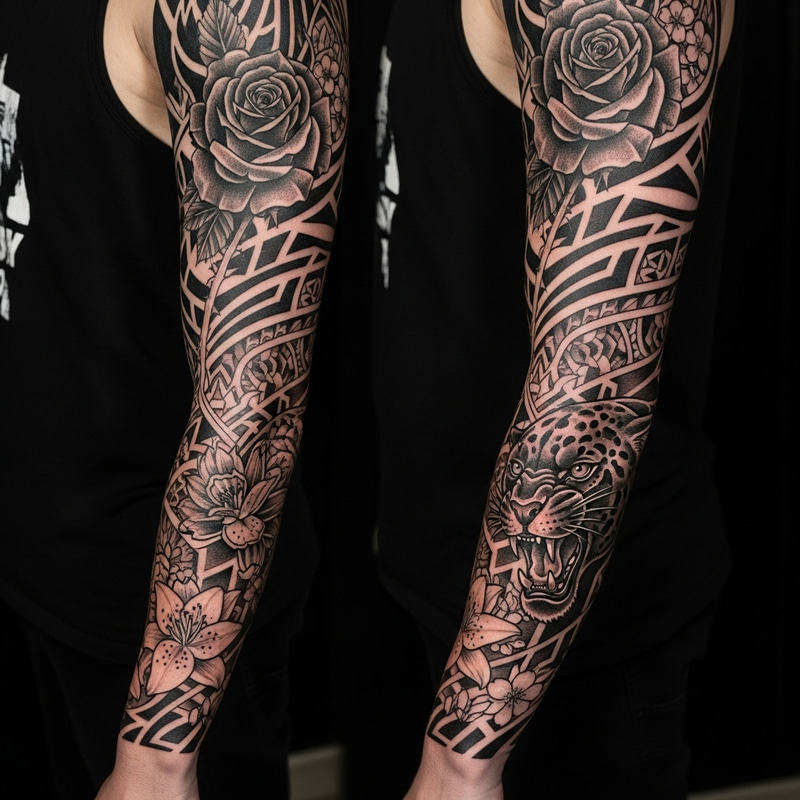 Intricate Black Tattoo Design with Flowers and Animals Intricate Black Tattoo Design with Flowers and Animals