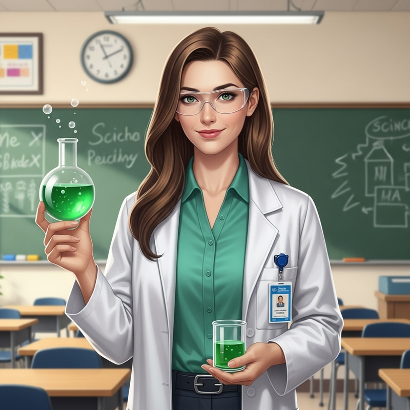 Tall Female Science Teacher with Brown Hair and Green Eyes - Classroom Educator Tall Female Science Teacher with Brown Hair and Green Eyes - Classroom Educator