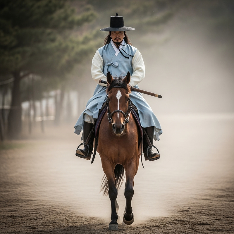 Modern Korean Artist Ban Chan on Brown Horse Front View Modern Korean Artist Ban Chan on Brown Horse Front View