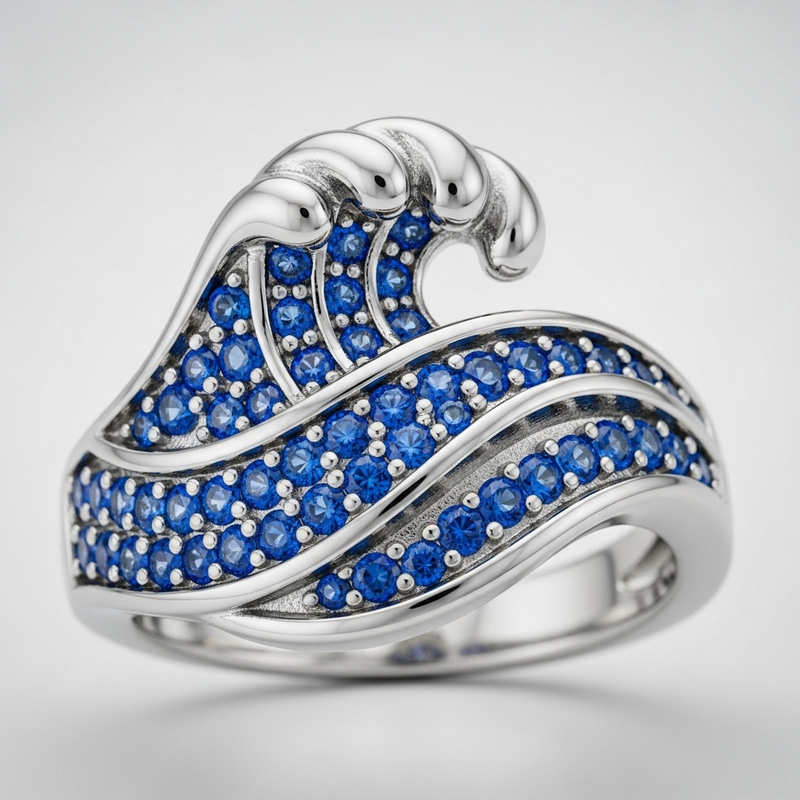 Elegant Silver Ring with Blue Sapphires and Wave Design Elegant Silver Ring with Blue Sapphires and Wave Design