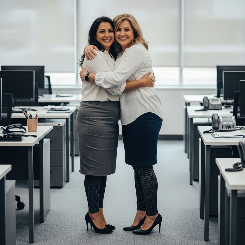 Diverse Middle-Aged Women Embracing In Office: Plus Size, 50 Years Old Diverse Middle-Aged Women Embracing In Office: Plus Size, 50 Years Old
