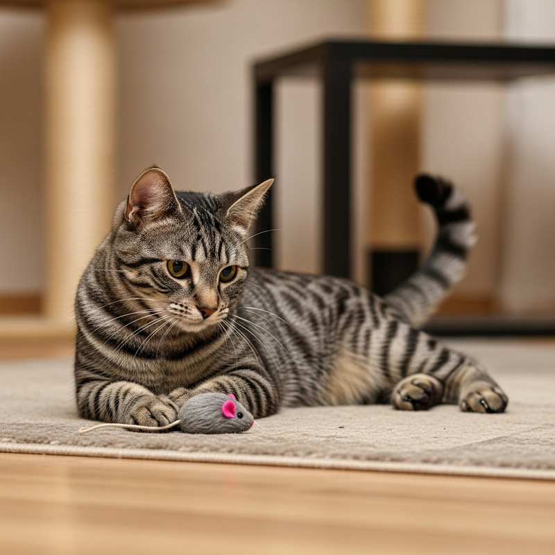 Cute Grey and Black Cat Relaxing on Rug Cute Grey and Black Cat Relaxing on Rug