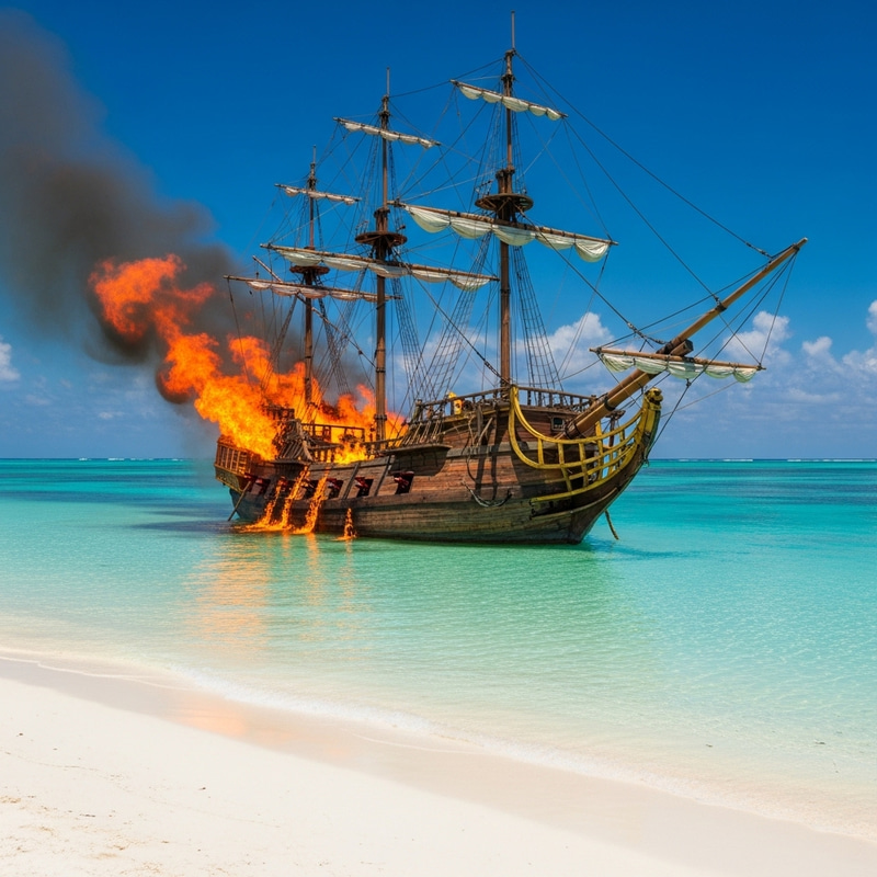 Pirate Ship Ablaze on Serene White Sand Beach