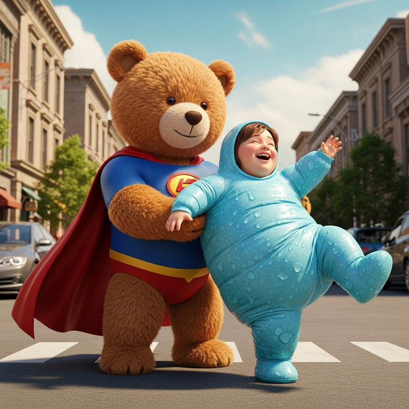 Heartwarming Scene: Teddy Bear Superhero with Joyful Woman in Puffed Attire Heartwarming Scene: Teddy Bear Superhero with Joyful Woman in Puffed Attire