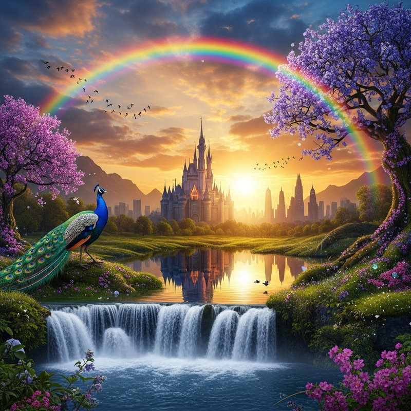 Enchanted Sunset: Majestic Castle, Vibrant Rainbow, Enchanted Forest