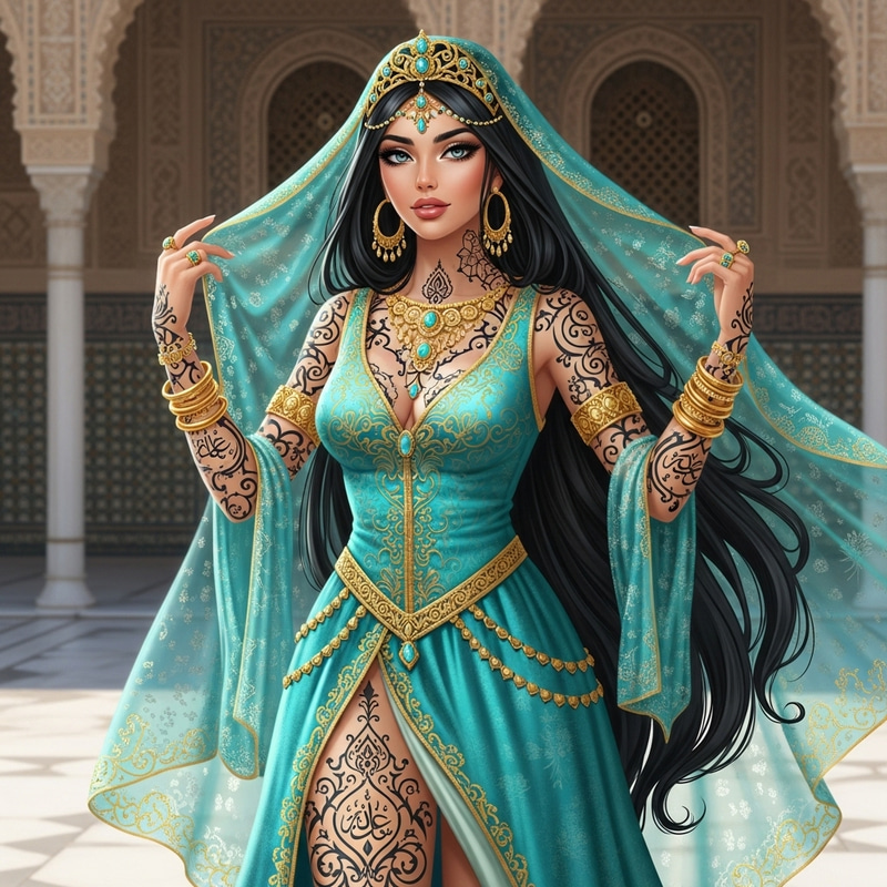 Realistic Princess Jasmine-Like Female with Stunning Tattoos