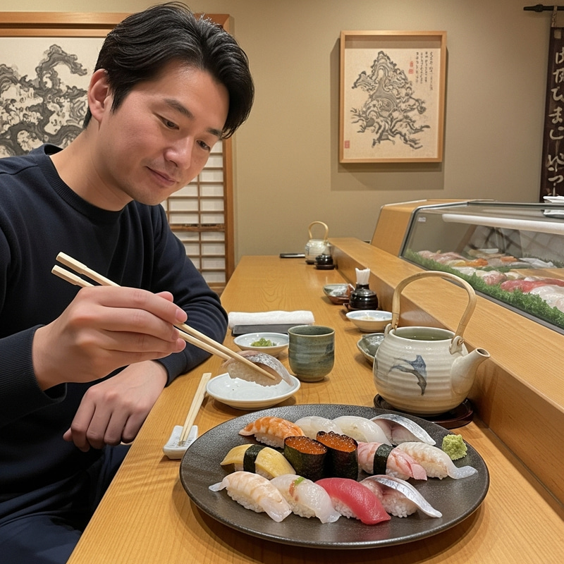 Japanese Man Eating Sushi at Traditional Japanese Restaurant Japanese Man Eating Sushi at Traditional Japanese Restaurant