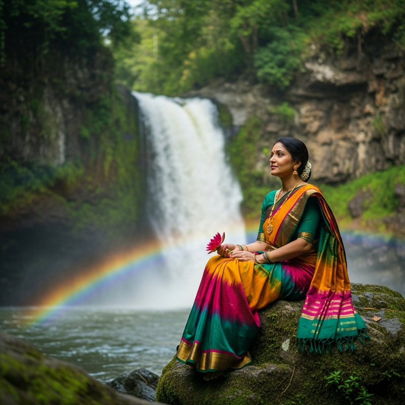 Beautiful Indian Woman by Tranquil Waterfall Beautiful Indian Woman by Tranquil Waterfall