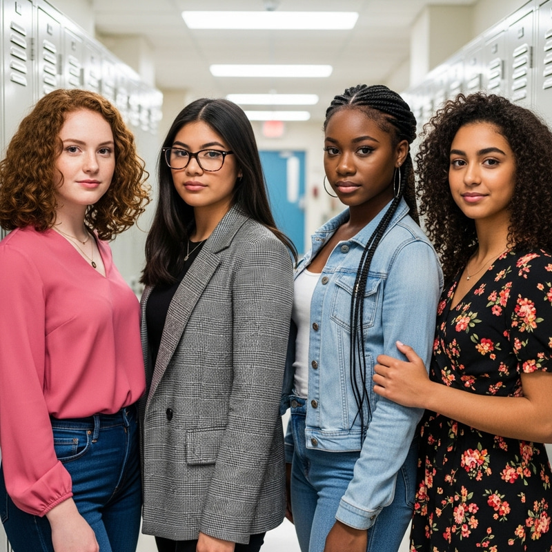 Multicultural Mean Girls in School Hallway | Teen Girls Fashion Multicultural Mean Girls in School Hallway | Teen Girls Fashion