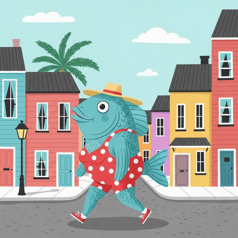 Funny Fish with Legs in Red Polka Dot Swim Suit Walking through Colorful Street