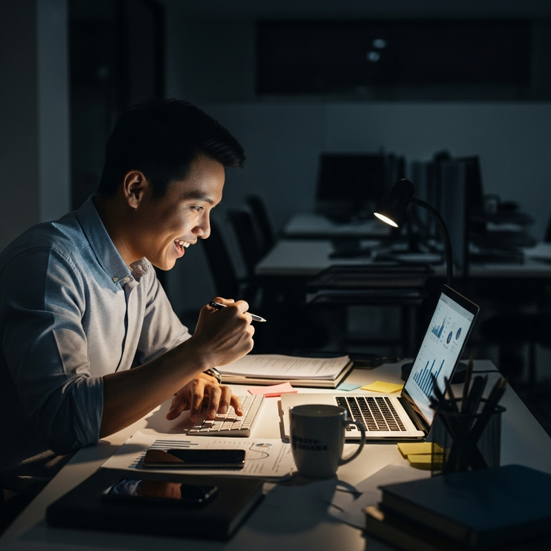 Joyful Asian Marketing Manager in Office Setting