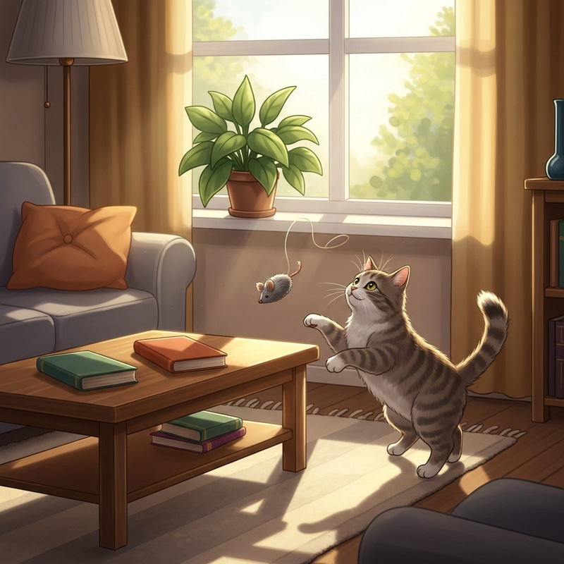 Playful Domestic Cat Basking in Sunlit Living Room