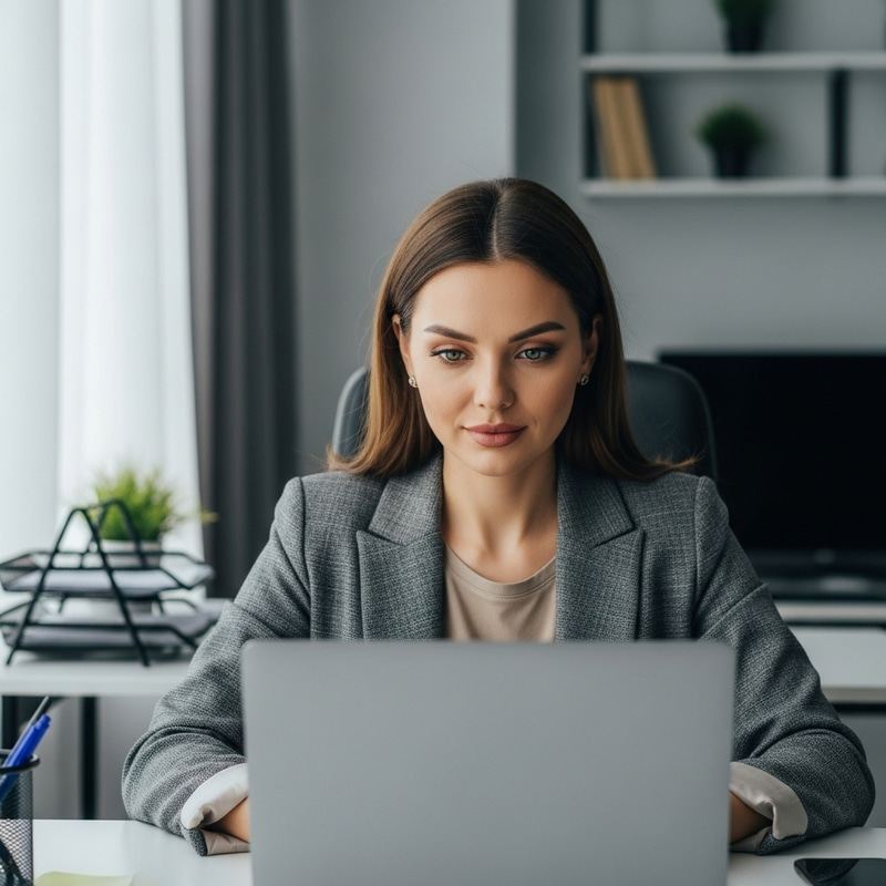 Professional Kazakh Woman with Straight Brown Hair Working on Laptop Professional Kazakh Woman with Straight Brown Hair Working on Laptop