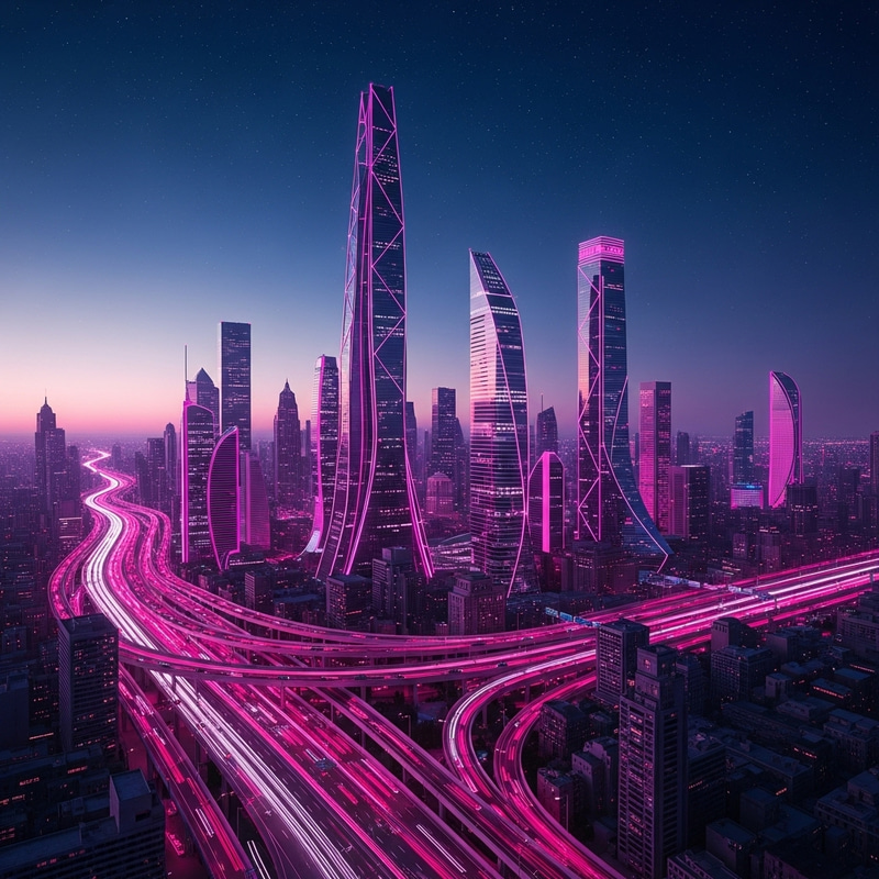 Neon Pink Futuristic City Skyline | Twilight Sky View
