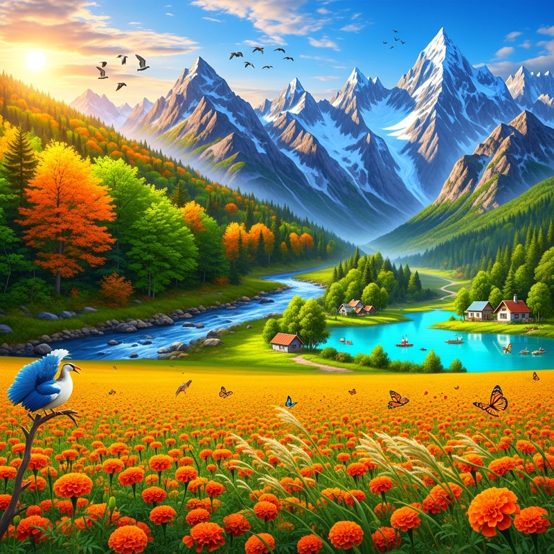 Vibrant Landscape: Forest, Mountains, River, Lake & Flowers