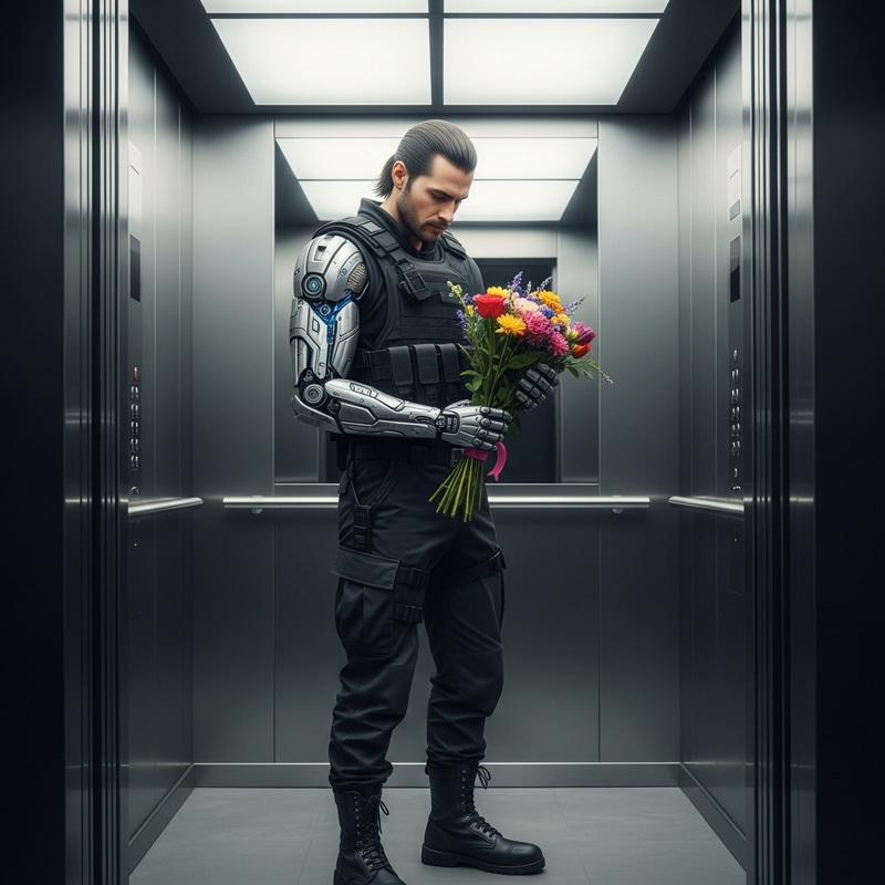 Winter Soldier with Flowers in Elevator Scene Winter Soldier with Flowers in Elevator Scene