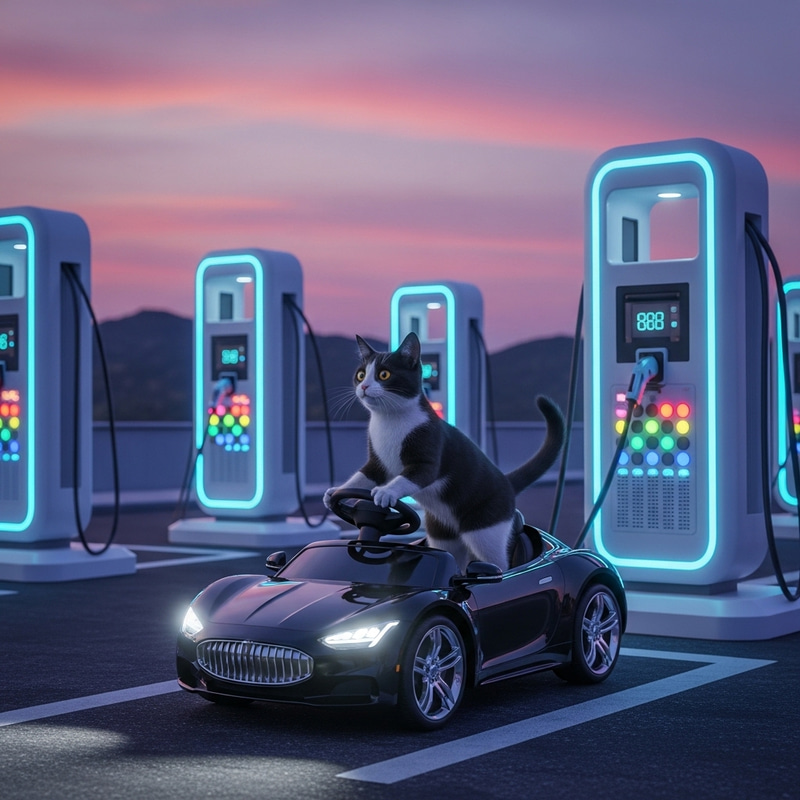 Cat on Electric Vehicle at Charging Station Cat on Electric Vehicle at Charging Station