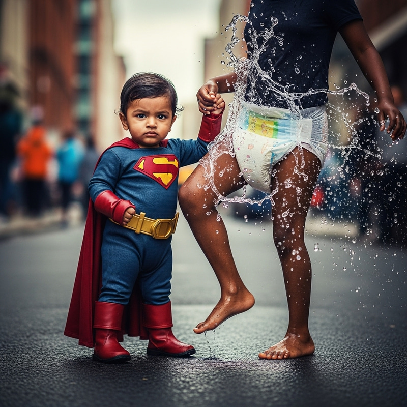 Powerful Toddler Superhero in Vibrant Costume - A Surreal Composition Powerful Toddler Superhero in Vibrant Costume - A Surreal Composition