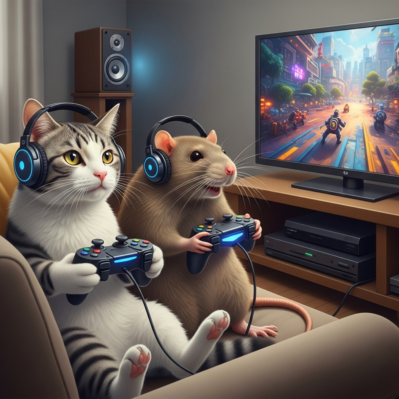 Cat and Rat Playing Video Games Together with Music Cat and Rat Playing Video Games Together with Music