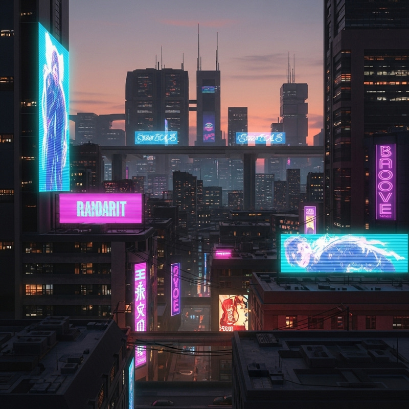 Futuristic Cyberpunk Cityscape at Sunset | Neon Lights & Holographic Billboards Futuristic Cyberpunk Cityscape at Sunset | Neon Lights & Holographic Billboards