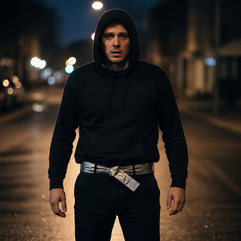 Distressed Man in Black Hoodie: A Dramatic Scene Distressed Man in Black Hoodie: A Dramatic Scene